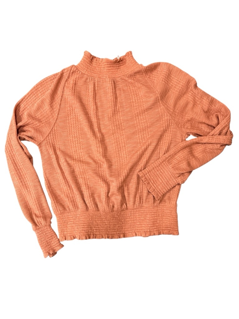 Free People Lightweight Waffle-Knit Ruffle Mock Neck Sweater Peach sz XS - Picture 2 of 5